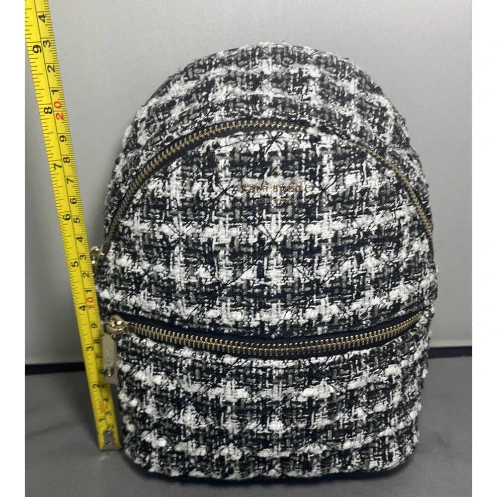 Kate Spade New York Mini Backpack Black White Tweed Gold Zip Spade Print